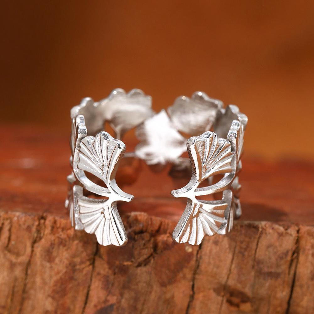 Edelstahl Wen Wan Yi Ren Ginkgo Biloba Verstellbarer Ring für Damen Herren Alltagskleidung