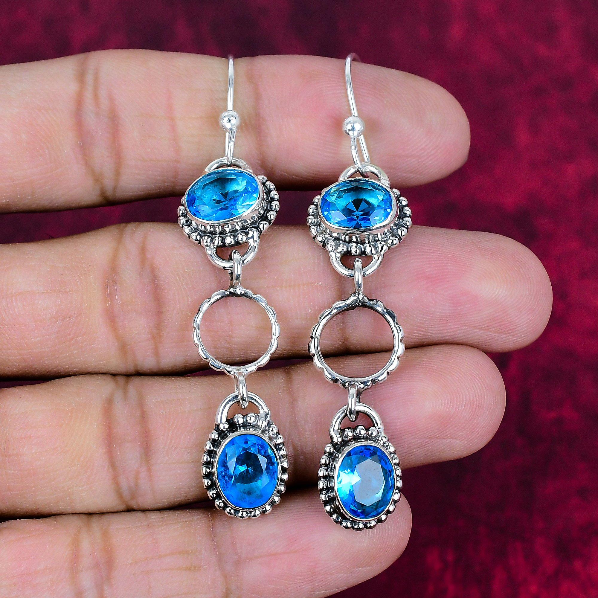 

Серьги с голубым топазом, ювелирные изделия из цельного серебра 925 пробы с драгоценными камнями, серьги ручной работы, на День благодарения 2.36 Inches синий