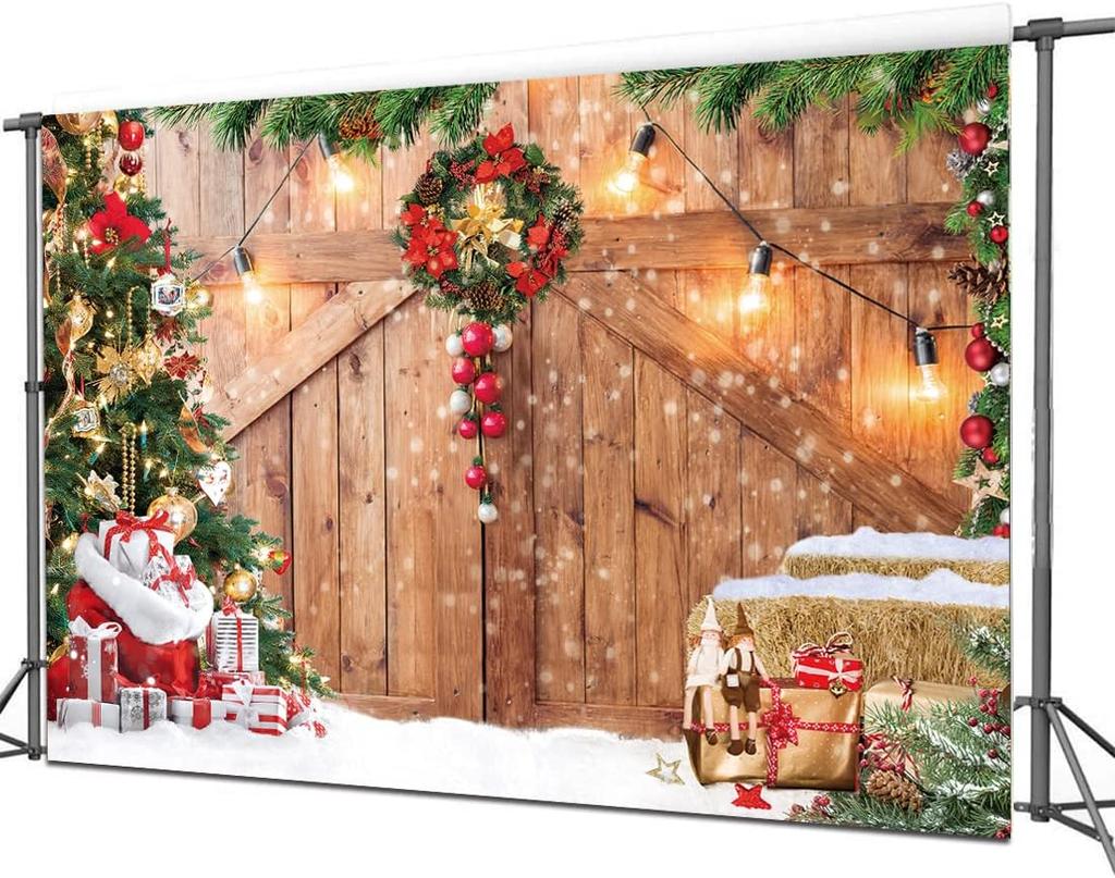 7x5FT Christmas Barn Wood Door Photography Backdrop Xmas Tree Snow Gift Wall Floor Party Photo Background for Holiday Ne
