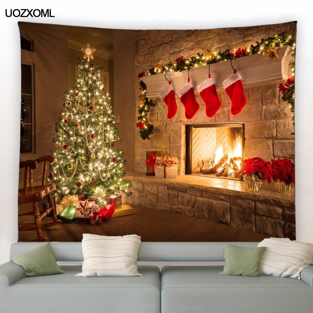 Juleteppe Snømann Julenissen Peisgaver Vinternatt Veggteppe Julepynt til soverom Stue