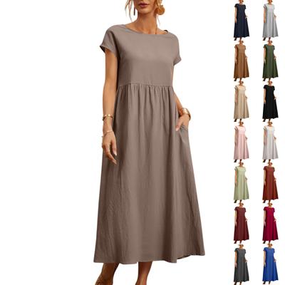 Women's Solid Color Short-sleeved Loose Cotton And Linen Dress With Pockets