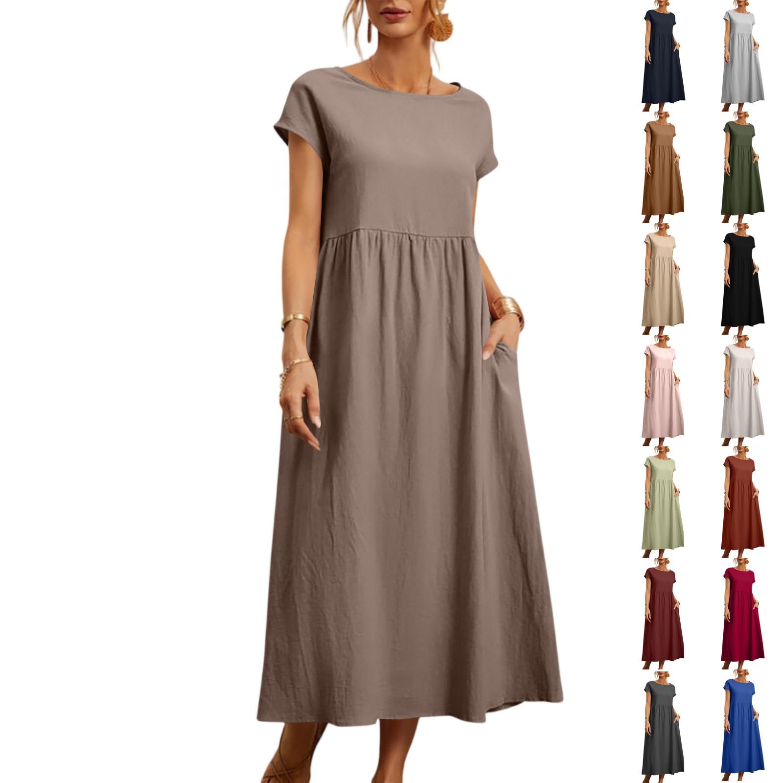 

Women s Solid Color Short-sleeved Loose Cotton And Linen Dress With Pockets S світло-зелений колір