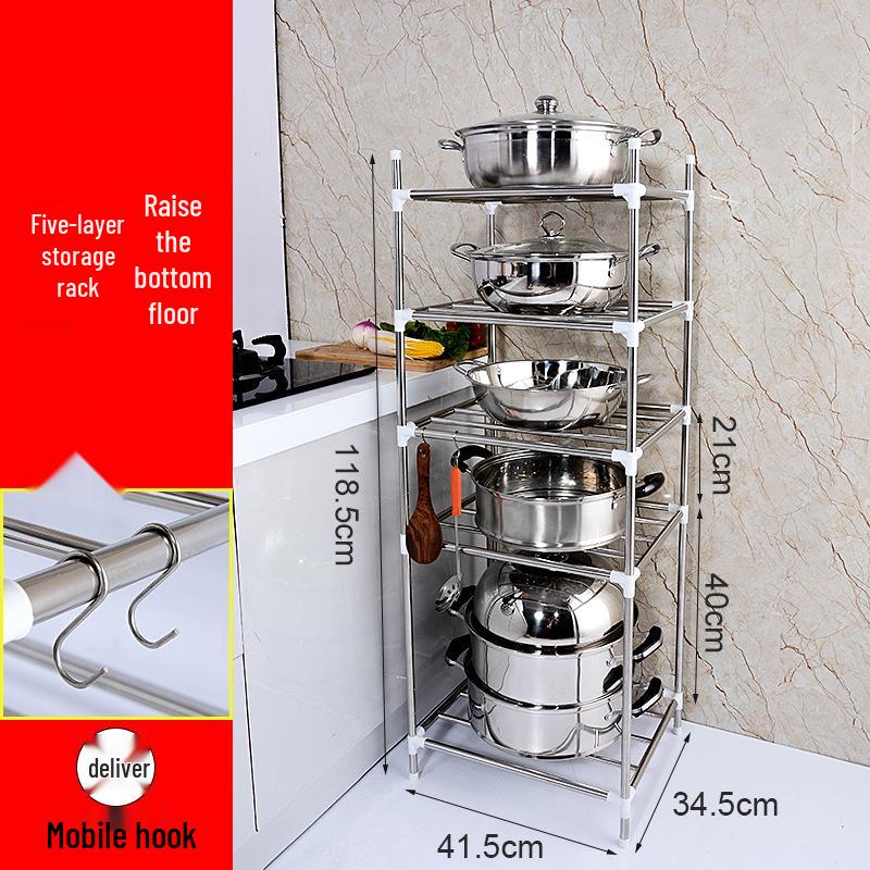 Mehrschichtiges Edelstahl-Bodenregal für Küche und Badezimmer zur Aufbewahrung von Becken und Töpfen