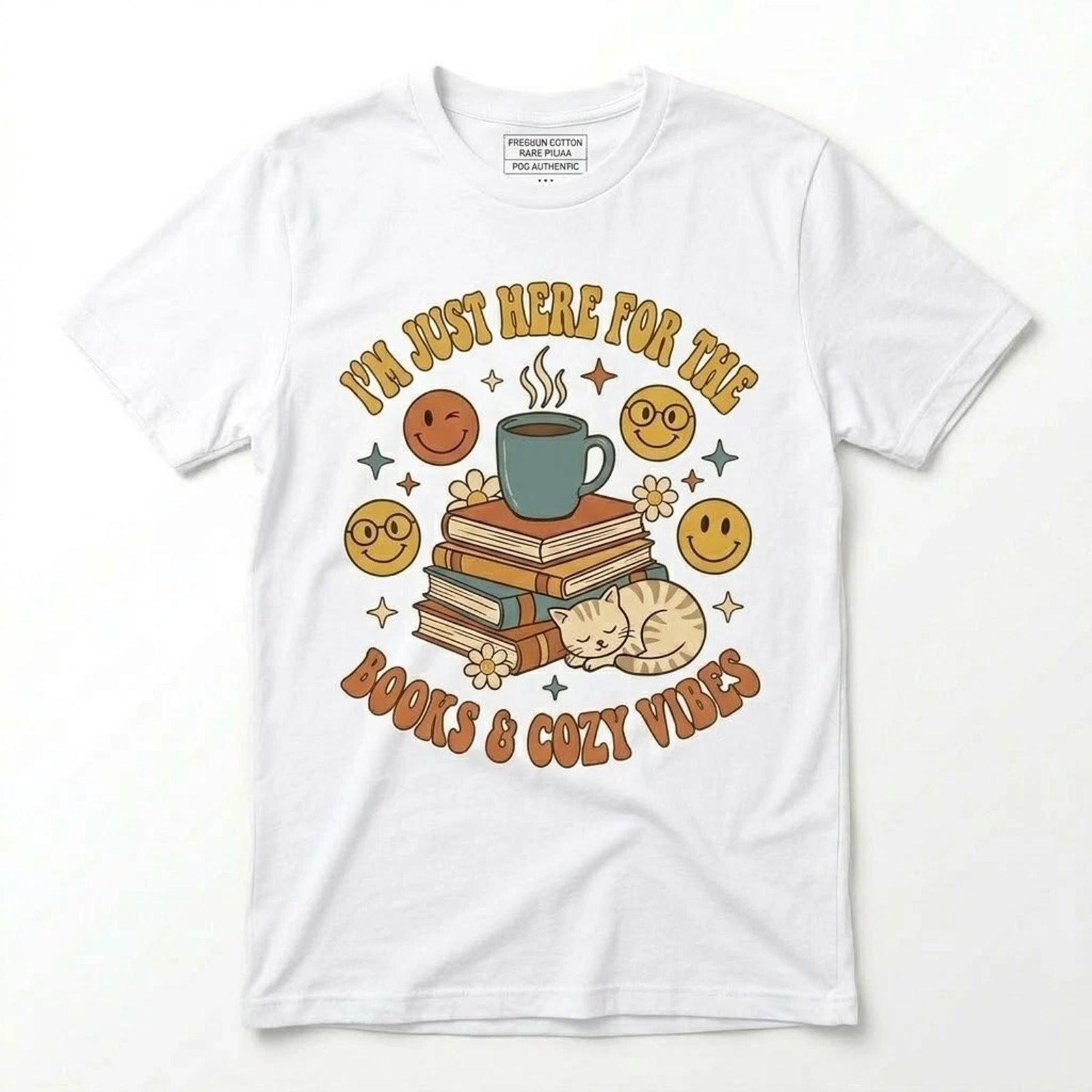 Bookworm T-Shirt Retro Graphic Tee Cozy Coffee Cat Gift For Book Lovers L