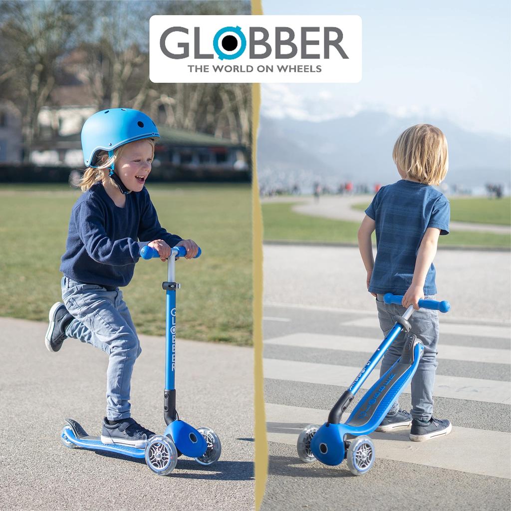 GLOBBER Primo Foldable Kick Scooter with Flashing Foot Perfect for Outdoor Kick Red Lights, 3-Wheel Brake, Play, Kids' Ride-On Scooter, (WLGB432102)