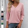 Autumn and Winter New Style V-neck Striped Color Matching Short-sleeved Loose T-shirt Women's Long-sleeved Simple Casual Split Large Size Slim Top