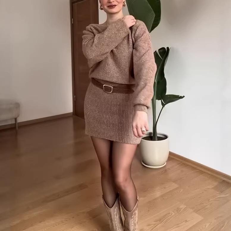 European & American Women's Fashion 2026: One-Shoulder Long-Sleeved Bodycon Skirt with Belt (Autumn Collection).