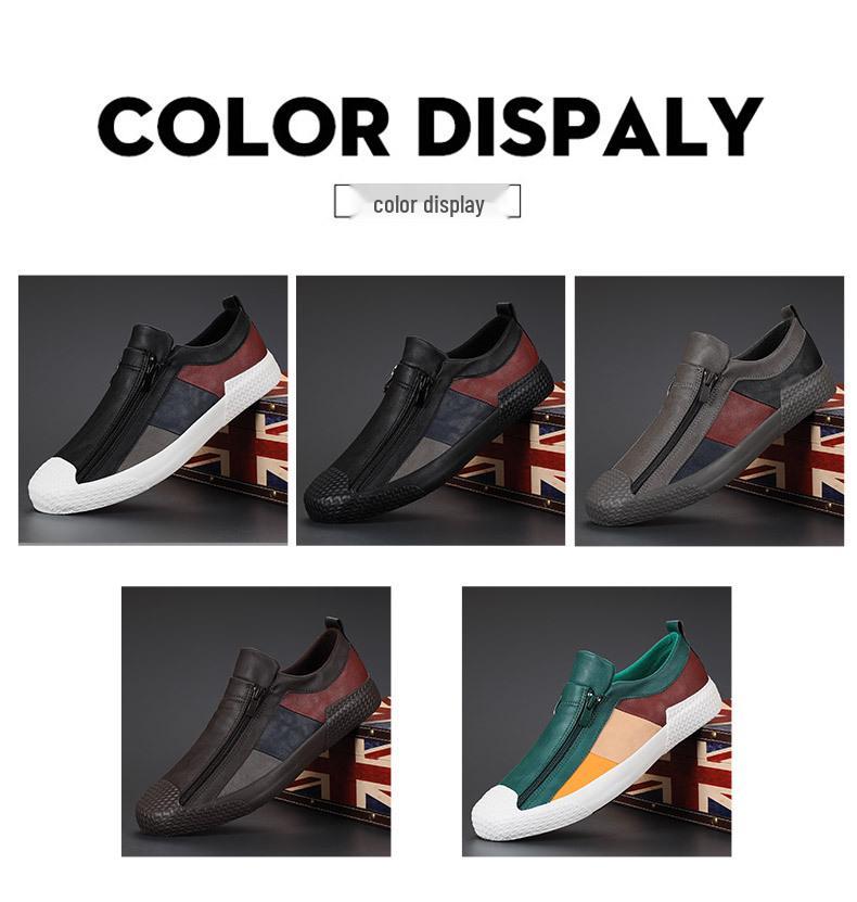 Men's Spring Slip-On Zipper Leather Color Block Casual Low-Top Shoes - Trendy British Versatile Fashion