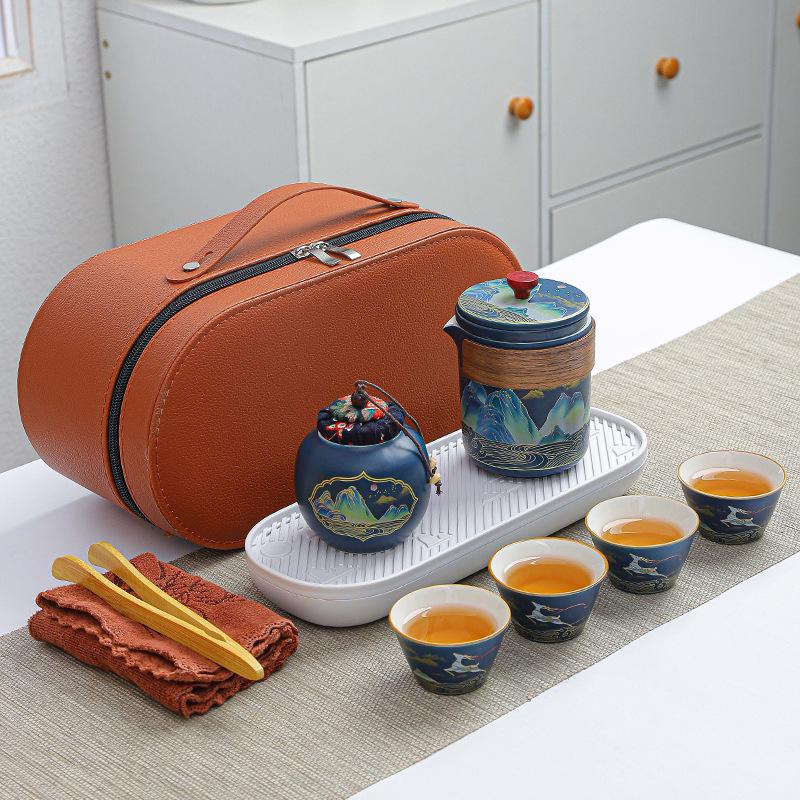 Portable Travel Kung Fu Tea Set: Compact Ceramic Teapot & Gaiwan for Outdoor Camping and Tea Enjoyment. Perfect Gift for Tea Lovers.