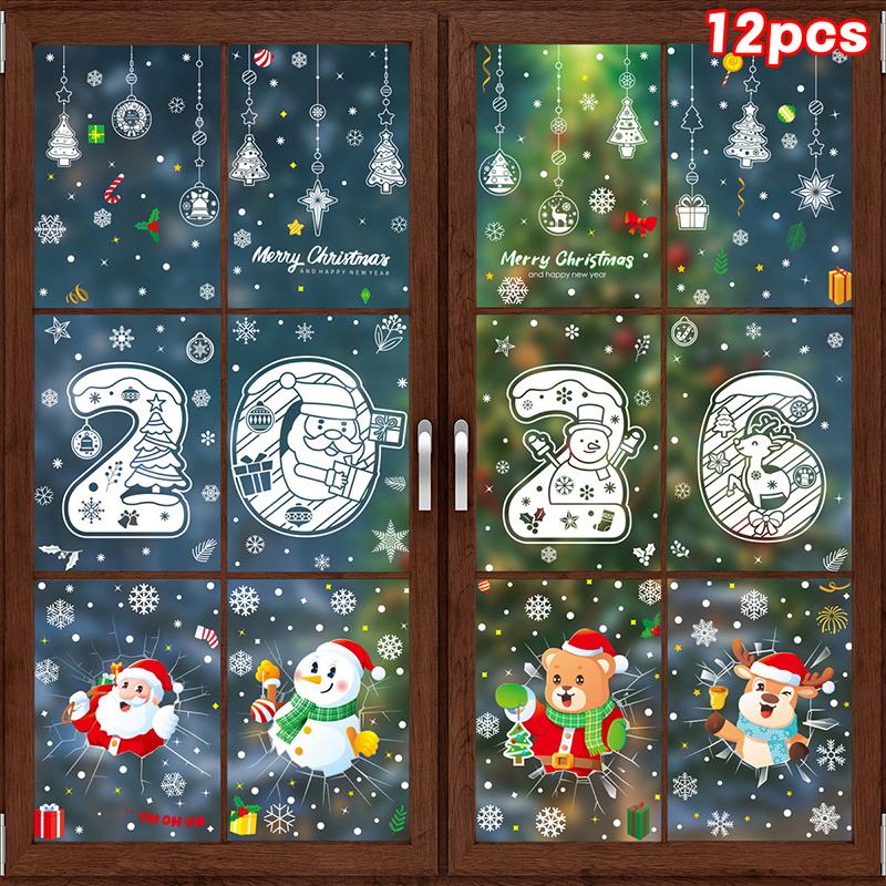 Naklejki Merry Christmas, Noworoczne białe płatki śniegu naklejki elektrostatyczne, Święty Mikołaj, Renifer, Bałwan naklejki na okno