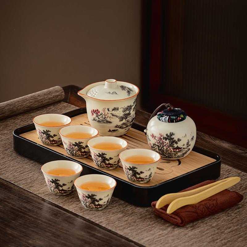 National style retro high-end Ru kiln black pine plum blossom hand-held pot tea set new Chinese kung fu tea business printing commemoration