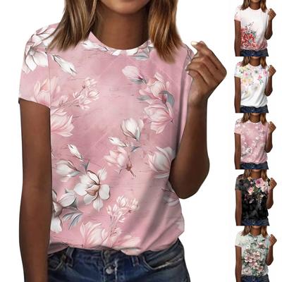 Women's Fashion Casual Short Sleeve Flower Print Round Neck Pullover Top Blouse