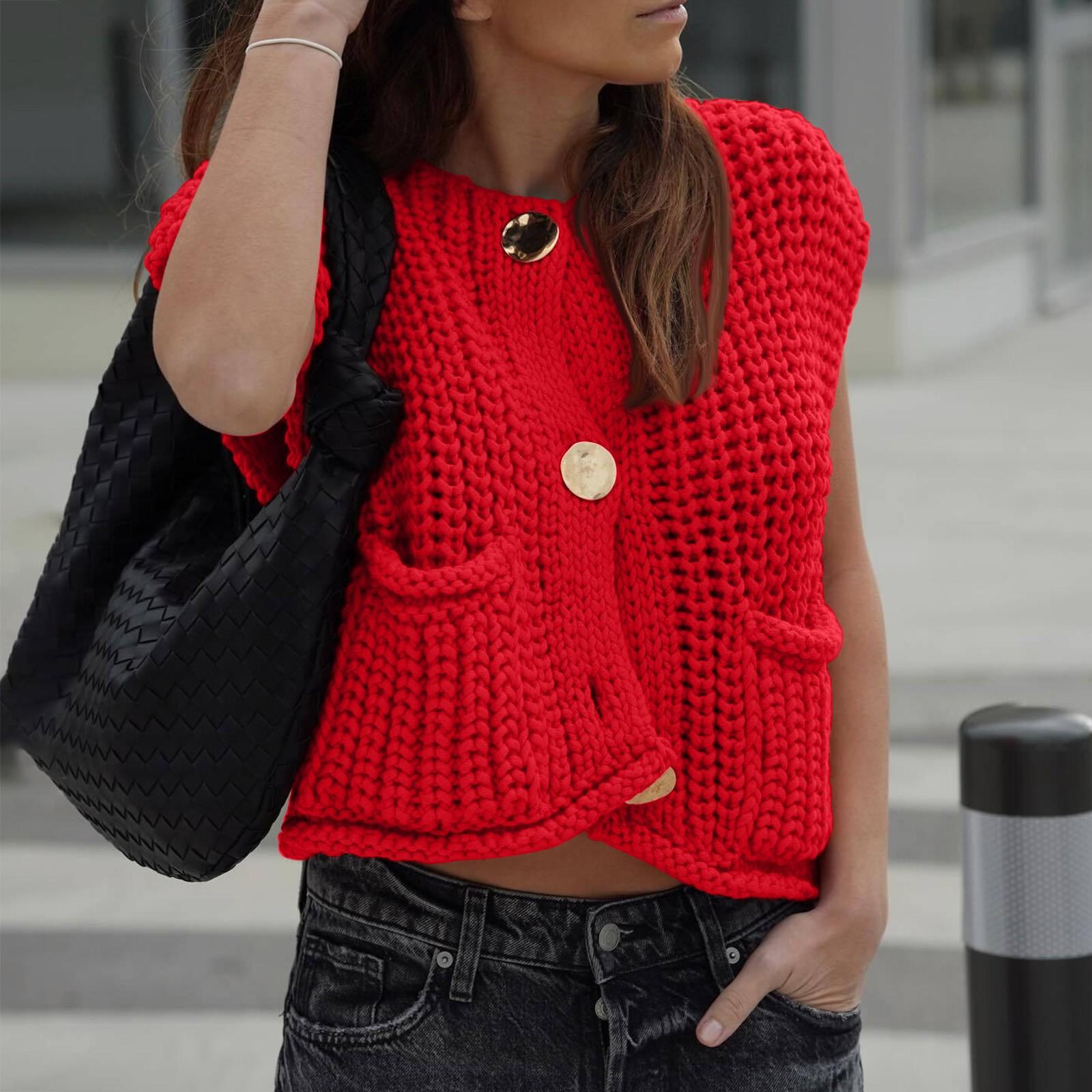 

Женские топы, свитер с карманами, укороченный вязаный свитер, кардиган, утолщенный жилет S красный