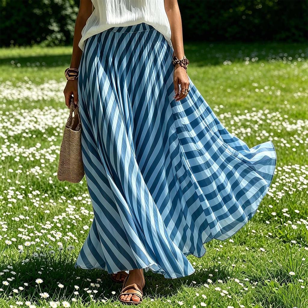 Women's Casual High Waist Pleated A-Line Maxi Skirt Striped Pattern Lightweight Flowing Fabric Comfortable Fit