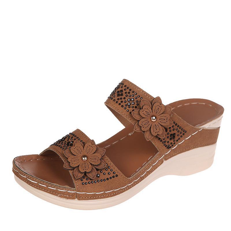 Large size summer new retro casual flower high heel one-character women's wedge heel slippers