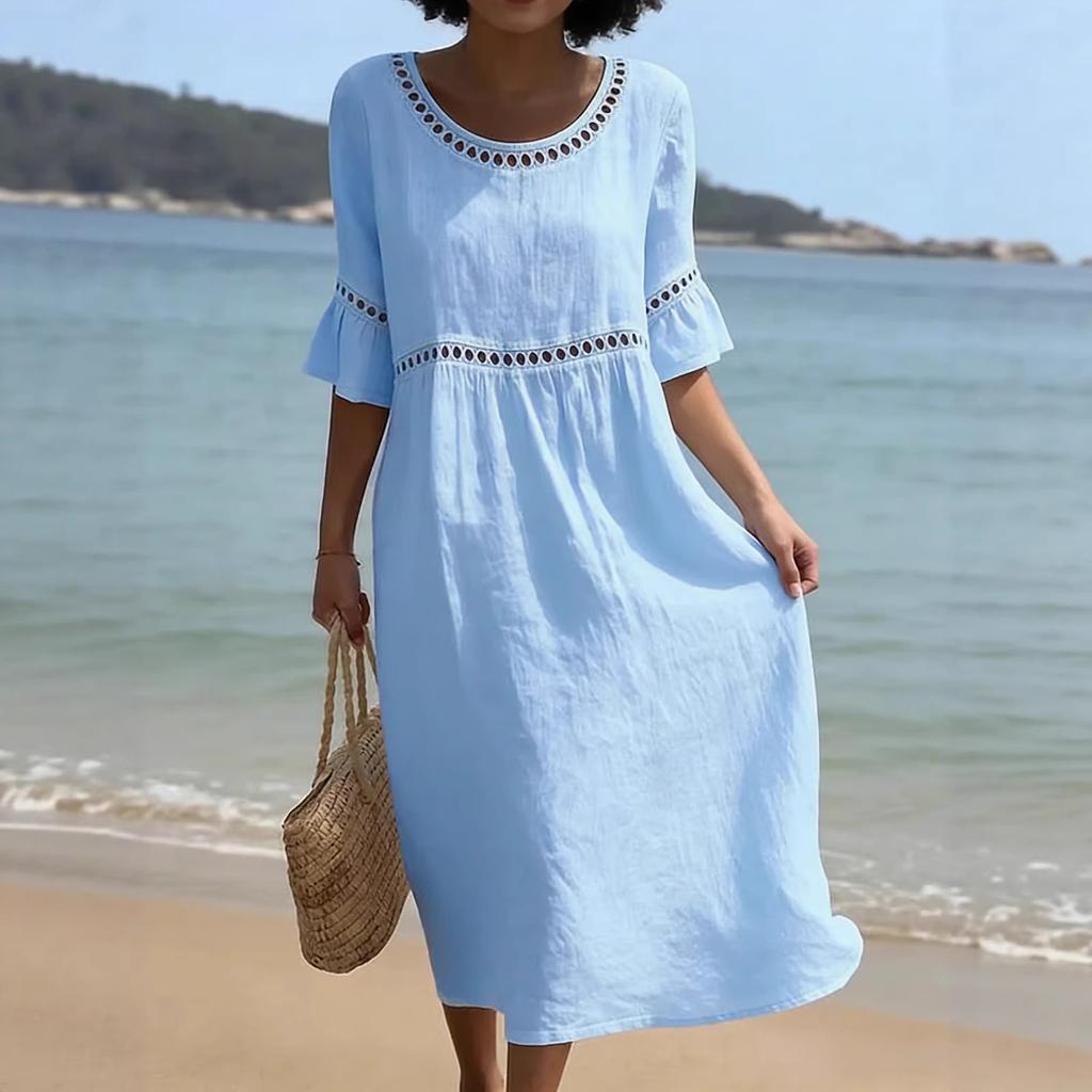 Spring/Summer New Style Elegant Casual Round-neck Long-sleeved Solid Color Women's Dress