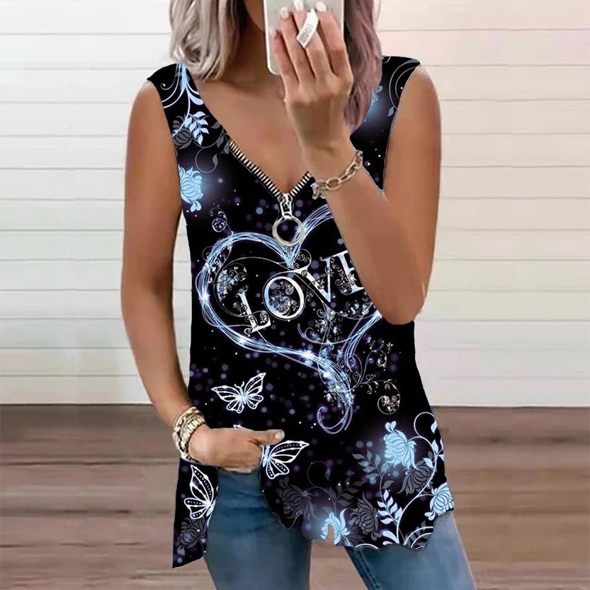 

Женский топ, летний новый модный красивый повседневный топ с принтом «Любовь», без рукавов, на молнии, с v-образным вырезом, топ на бретелях 3XL синий