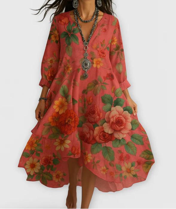 Midi-kjole med V-hals og blomsterprint, asymmetrisk fald, kort erme, flere farger