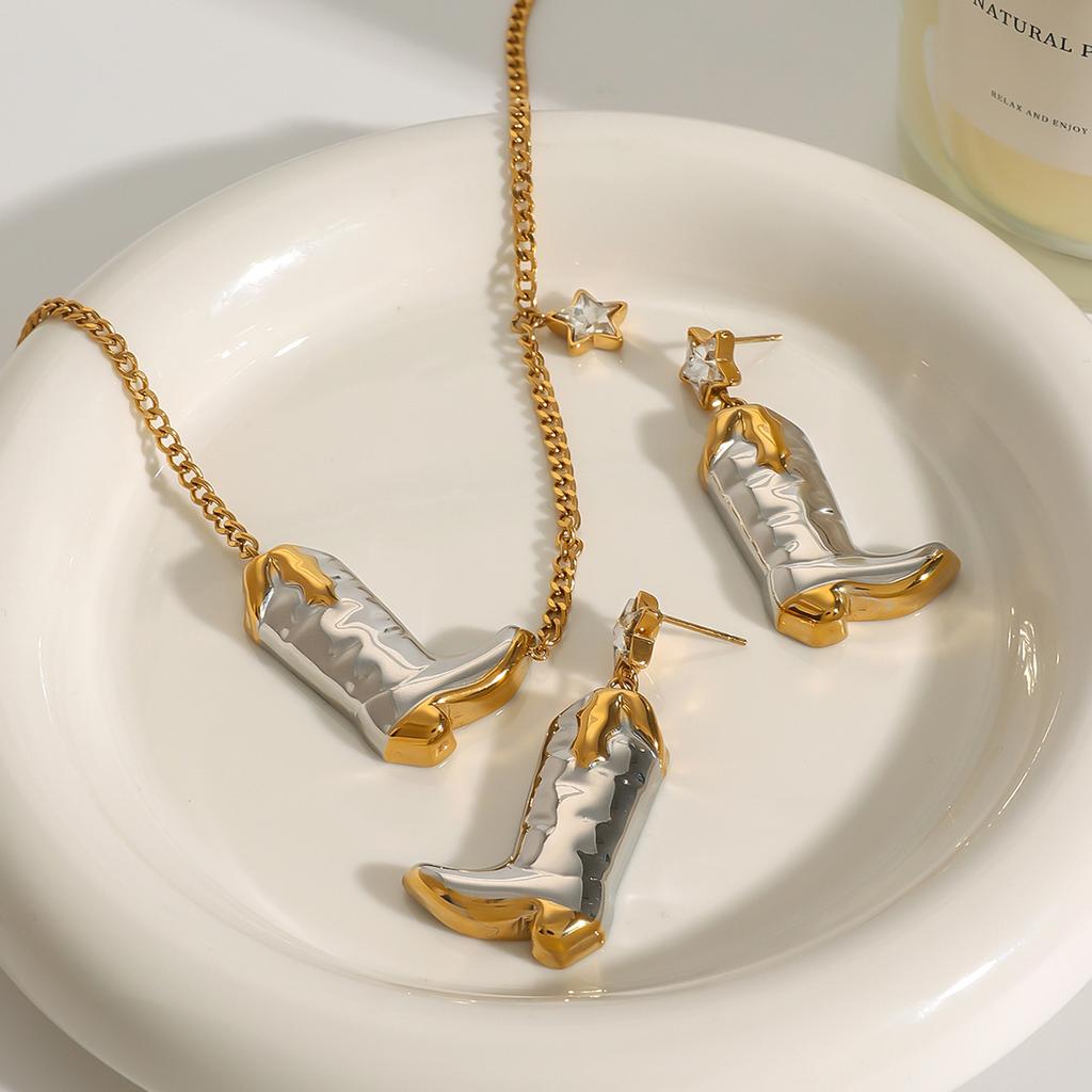 Youthway Exquisite Statement Stainless Steel Gold& White Zircon Star Boots Pendant Necklace Earrings Trendy Lady Jewelry