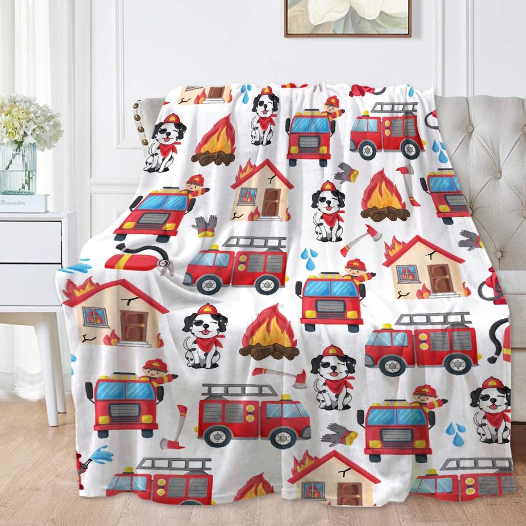 Cartoon Fire Engine Printed Blanket for Sofa Bed Travel Camping Living Room Office Conditioning Blanket for All Seasons Gifts
