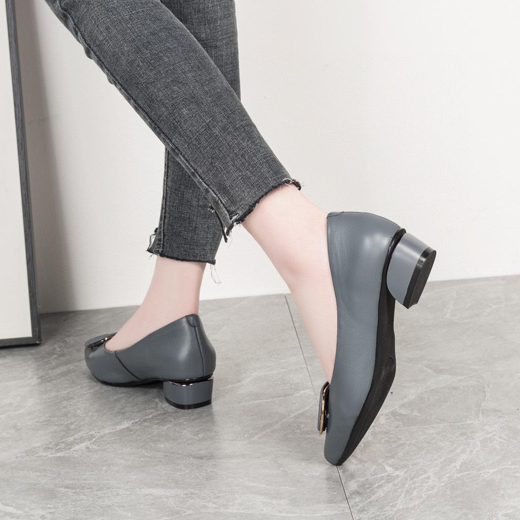 new comfortable first layer cowhide shallow mouth pointed head low heel round buckle single shoes flat work shoes women's leather shoes