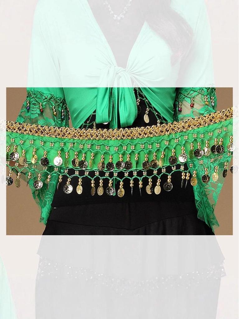 Gold-Edged Indian Dance Hip Scarf with Hanging Coins for Belly and Square Dance Performances