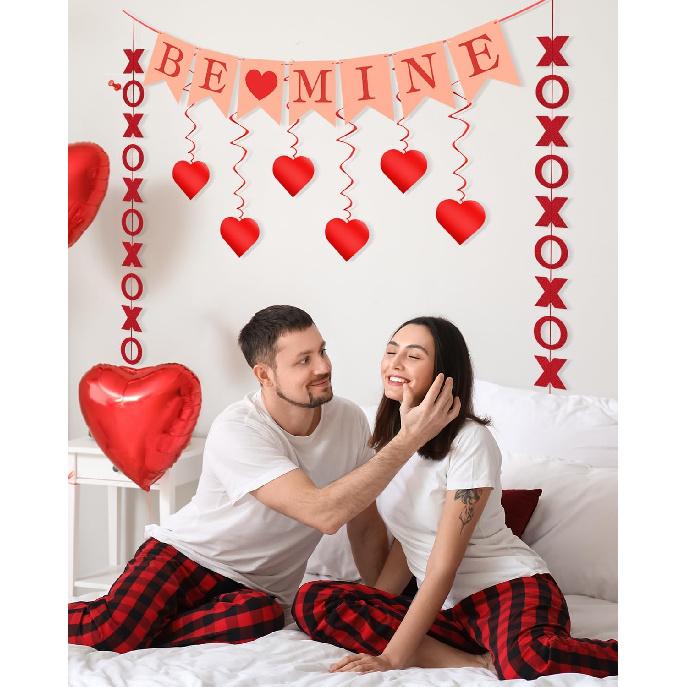 Valentines Day Decorations Kit, 13Pcs Valentines Day Decor with Hanging Heart Swirls, BE Mine XO Garlands Banner, Indoor Valentine Decorations for