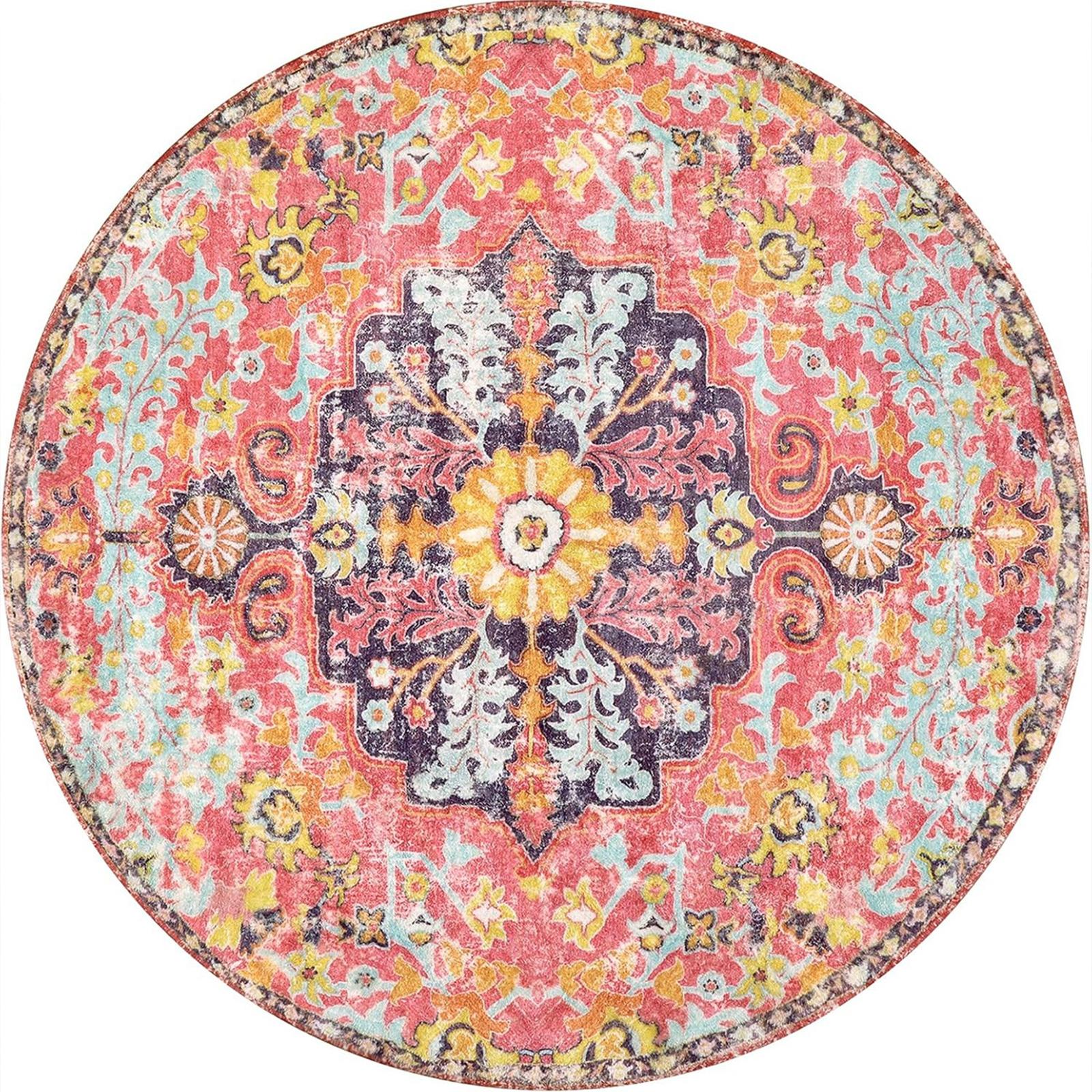 

Round Bohemian Floral Carpet - Vibrant Yellow Center Bloom with Geometric Motifs, Pink/Blue Tribal Rug for Living Room,Decor 80cm