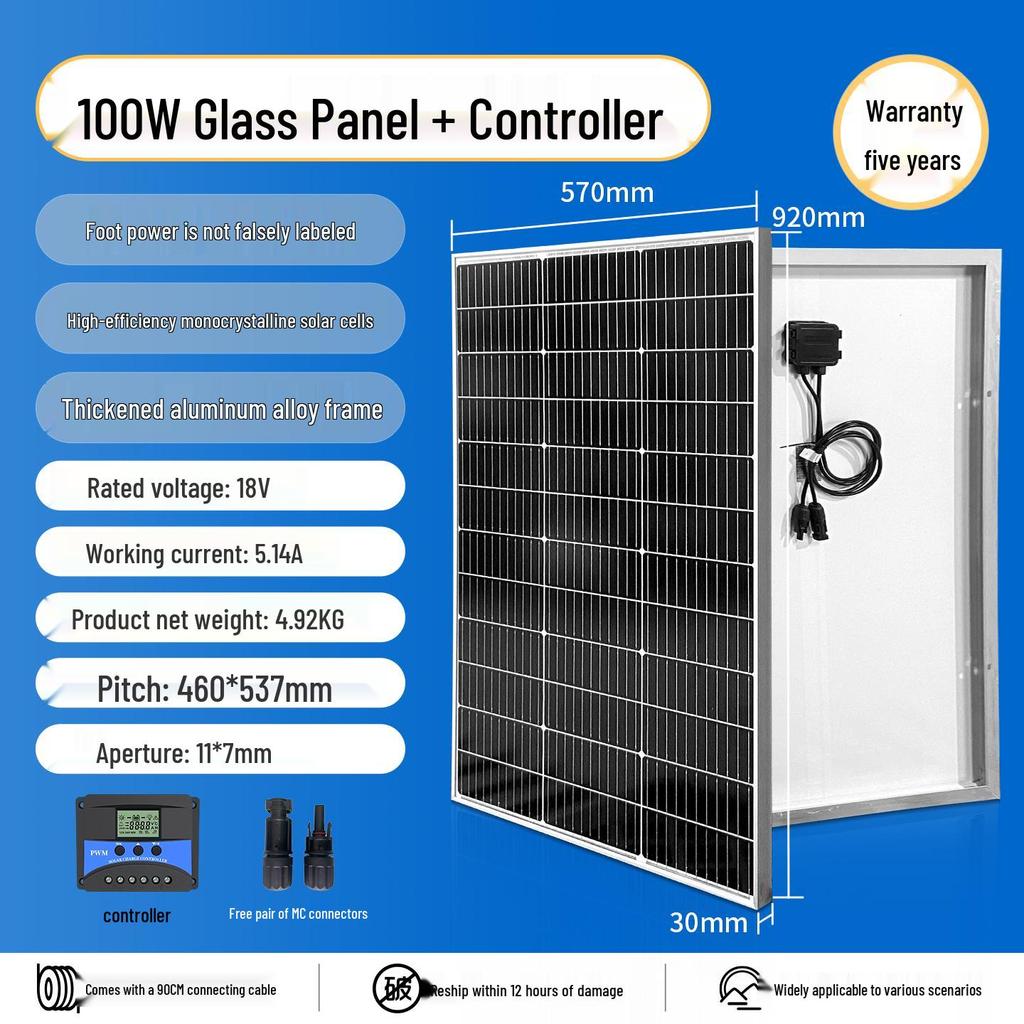 Monocrystalline Solar Panel Power System for Home & RV, 12V/24V with Lithium Battery Charging