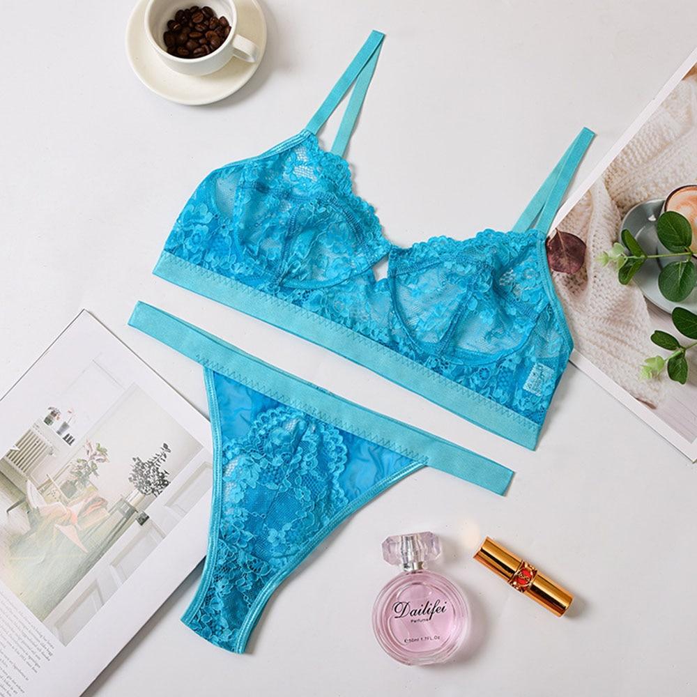 Sexy Perspective Lingerie Lace Bra Bikini Pajamas Underwear Three-point Split Bra Briefs Set