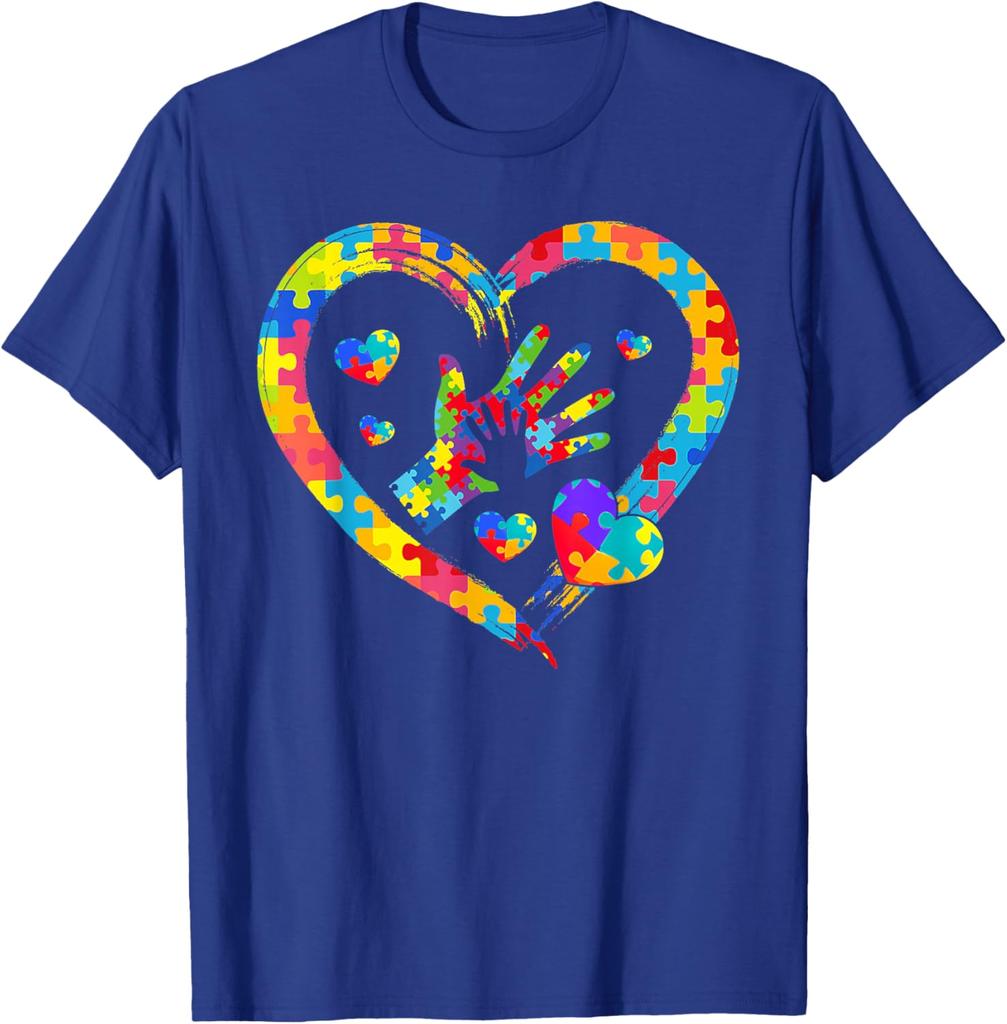 Autism Awareness Puzzle Heart Hands Love Graphic T-Shirt Casual Daily Cotton Short Sleeve Tee