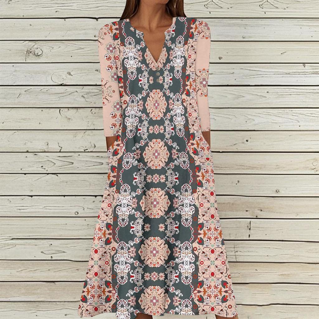 Damen Sommer Freizeit V-Ausschnitt Knopf Retro Geometrischer Druck Dreiviertelarm Langes Kleid mit Taschen