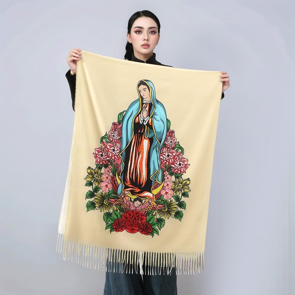 Custom Catholic Virgin Mary Tassel Scarf Women Soft Quality Cashmere Shawl Wrap Warm Throw Blanket Prayer Shawl