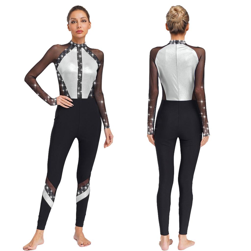 Sparkling Rhinestone Dance Leotard for Women, Full Body Long Sleeve Jumpsuit with Sheer Mesh Patchwork & Color Block Design
