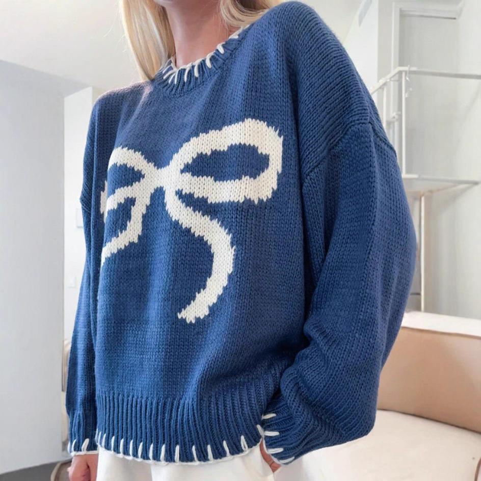Women's bow-tied jacquard sweater autumn and winter lazy wind loose warm and comfortable jumper knitted sweater