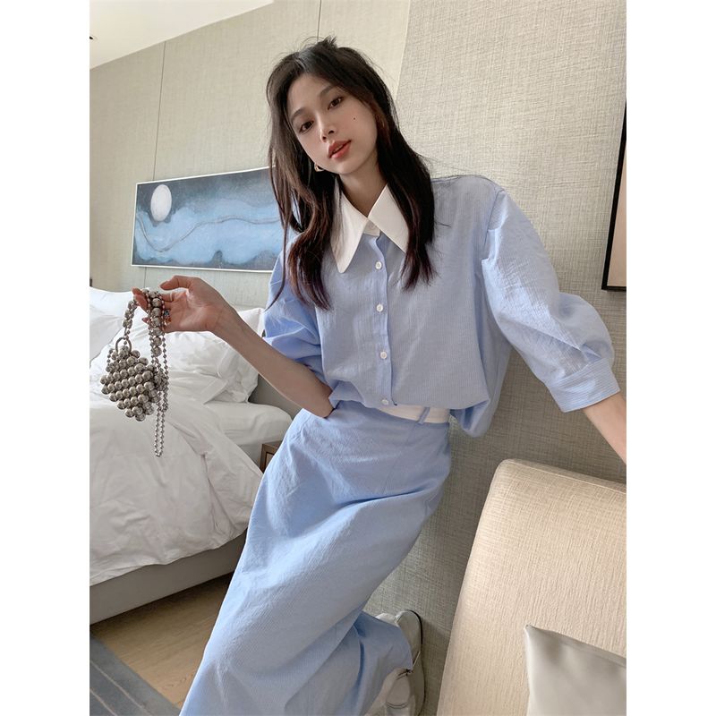 Sea Salt Cheese Gentle Oni Contrast Color Light Blue Stripe Shirt for Women Skirt Suit Summer