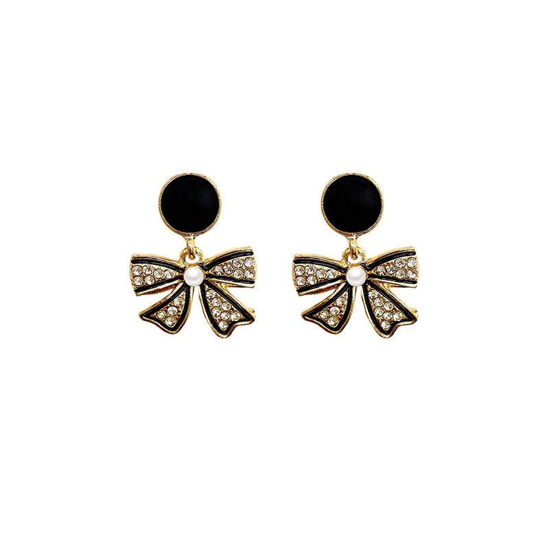 S925 Sterling Silver Black Bow Drip Oil Earrings - 2023 Trendy Versatile Fashion for Women