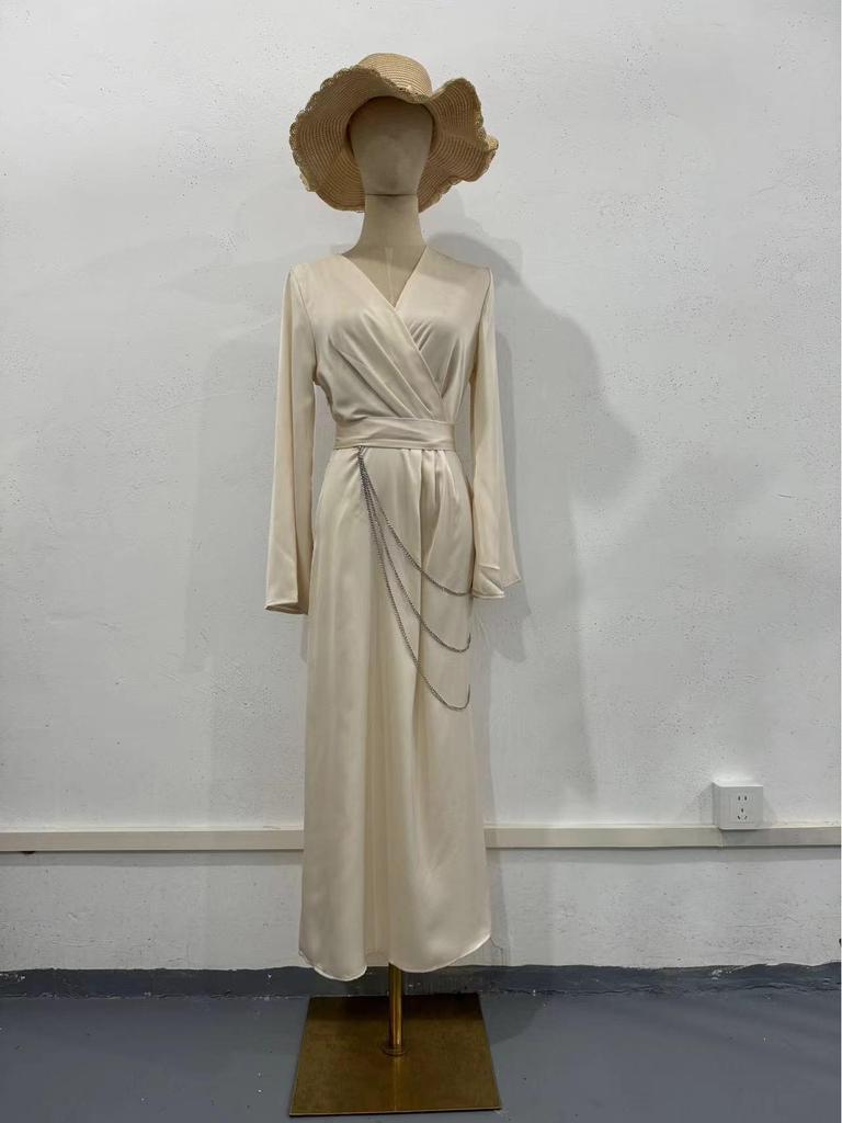 2025 Spring Women's Solid Color Satin Long Dress with Chain Waist