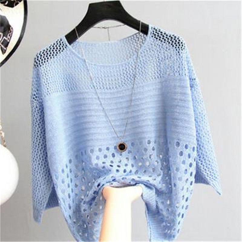 Trend Multicolor O-Neck Hollow Stripe Knit Thin Sweater T-shirt Crochet Cover Up Top Summer Crop Top Sweet Casual Women Clothes