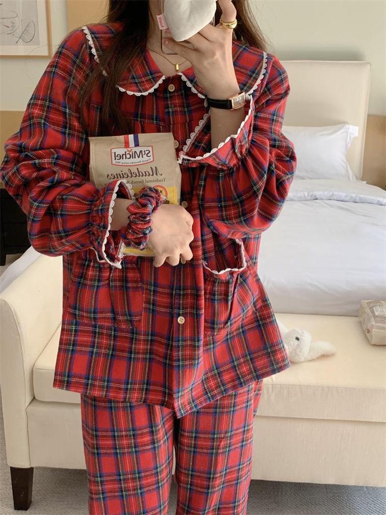 Korean Spring & Autumn Plaid Lace Peter Pan Collar Pajamas - Loose Couple Long Sleeve Homewear Set