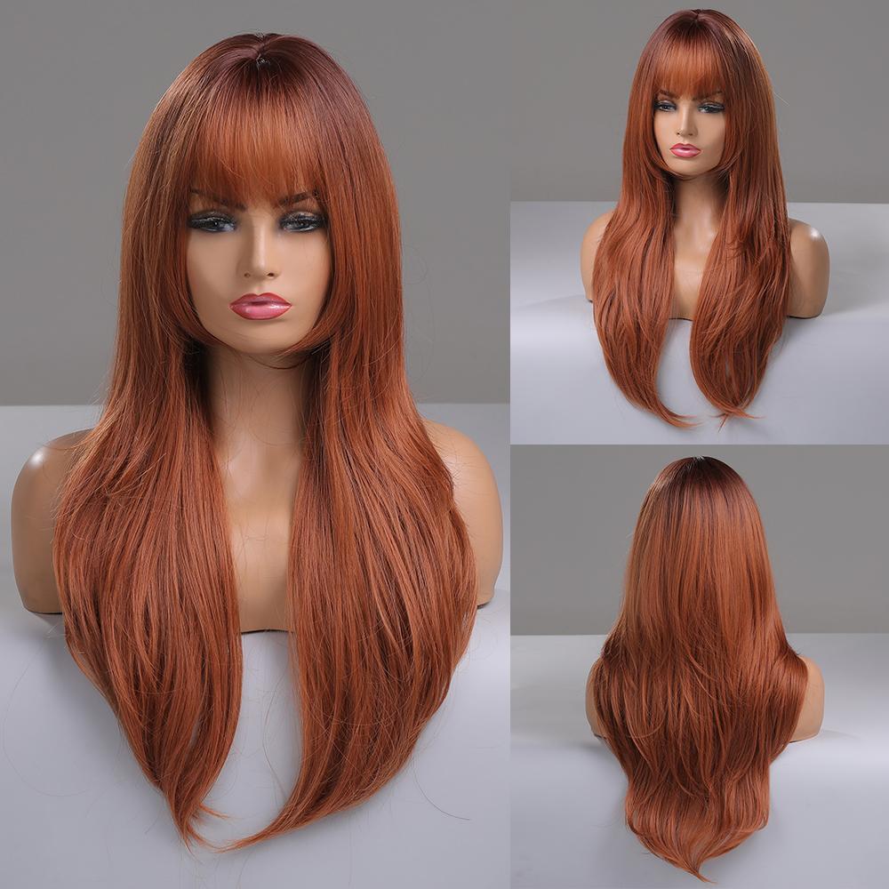 LOUIS FERRE Synthetic Long White Wigs with Bangs Cosplay Straight Wigs with Brown Highlight Natural Fake Hair for Black Women