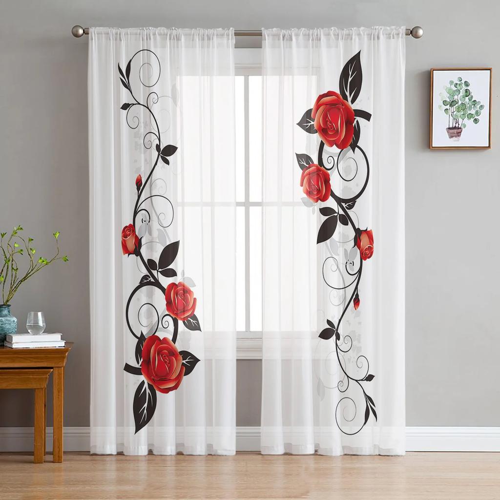 Pink Rose Flower Tulle Sheer Curtains for Living Room Decoration Window Curtain for Bedroom Kitchen Voile Organza Drapes
