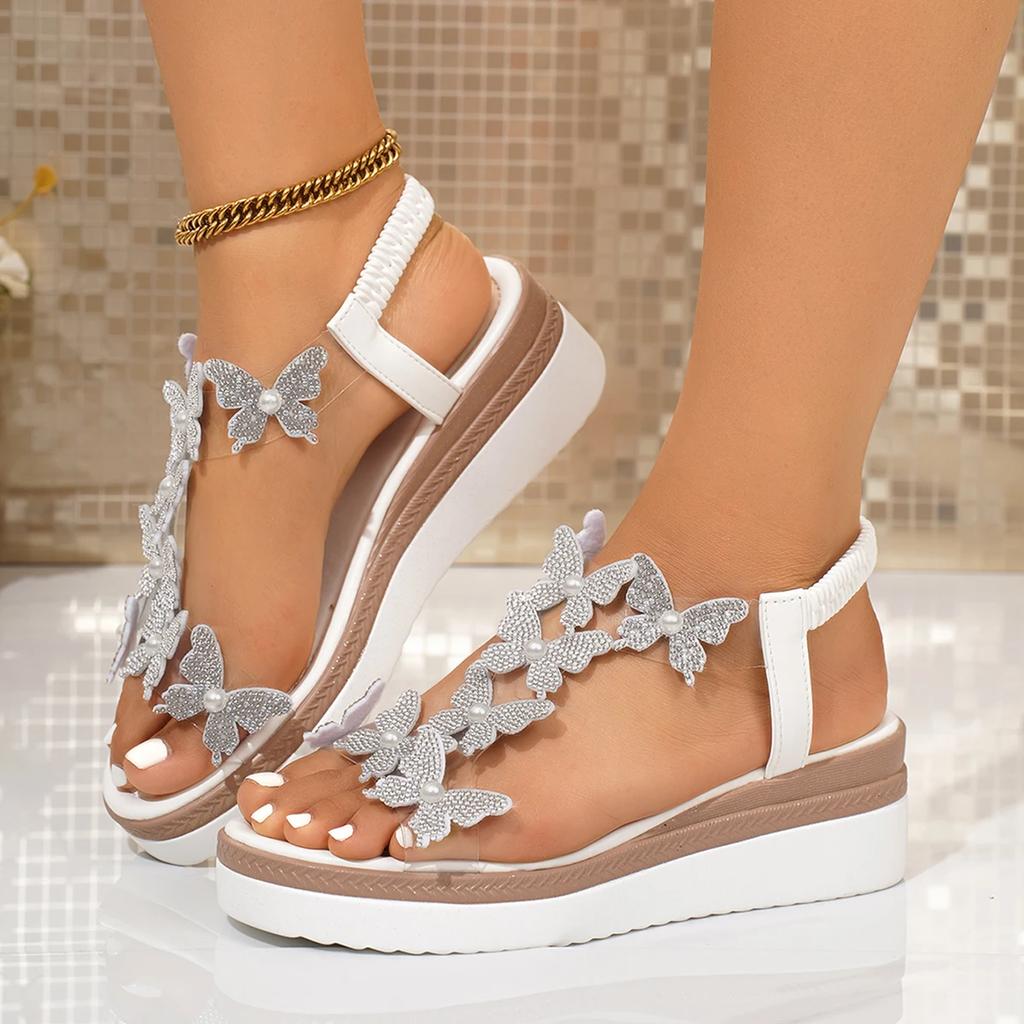 Fashion Women Sandals Lightweight Elastic Band Sandals 2025 New Slip on Wedges Shoes Woman Rhinestone Butterfly Platform Sandals Women