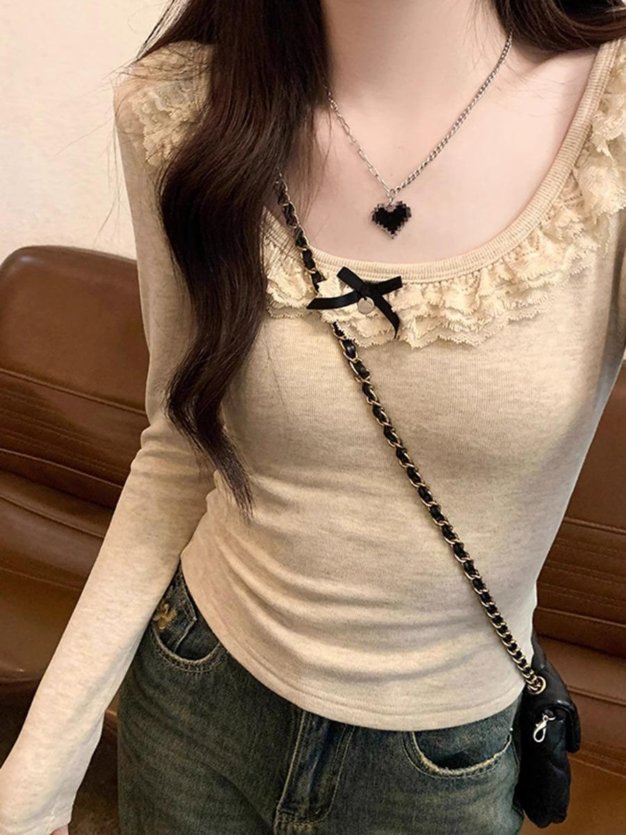 

U-neck collarbone sexy bottoming T-shirt for women s spring and autumn pure lace splicing, waist and thin, with clothes inside S