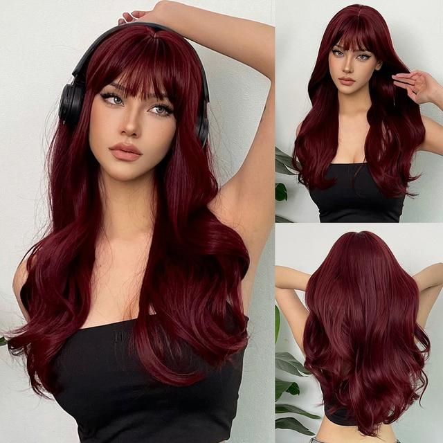 Wine Red Long Wavy Synthetic Wig High Temperature Natural Wig with Bangs Colorful Party Cosplay Hair for Black Women