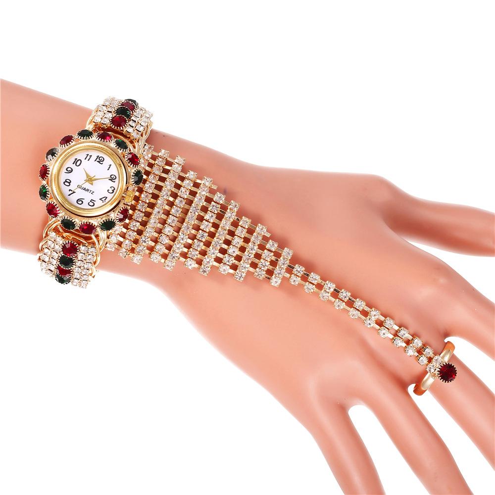 Fashionable Rhinestone-Embedded Ladies Watch Gold Tone Tassel Pendant Bracelet Wristwatch