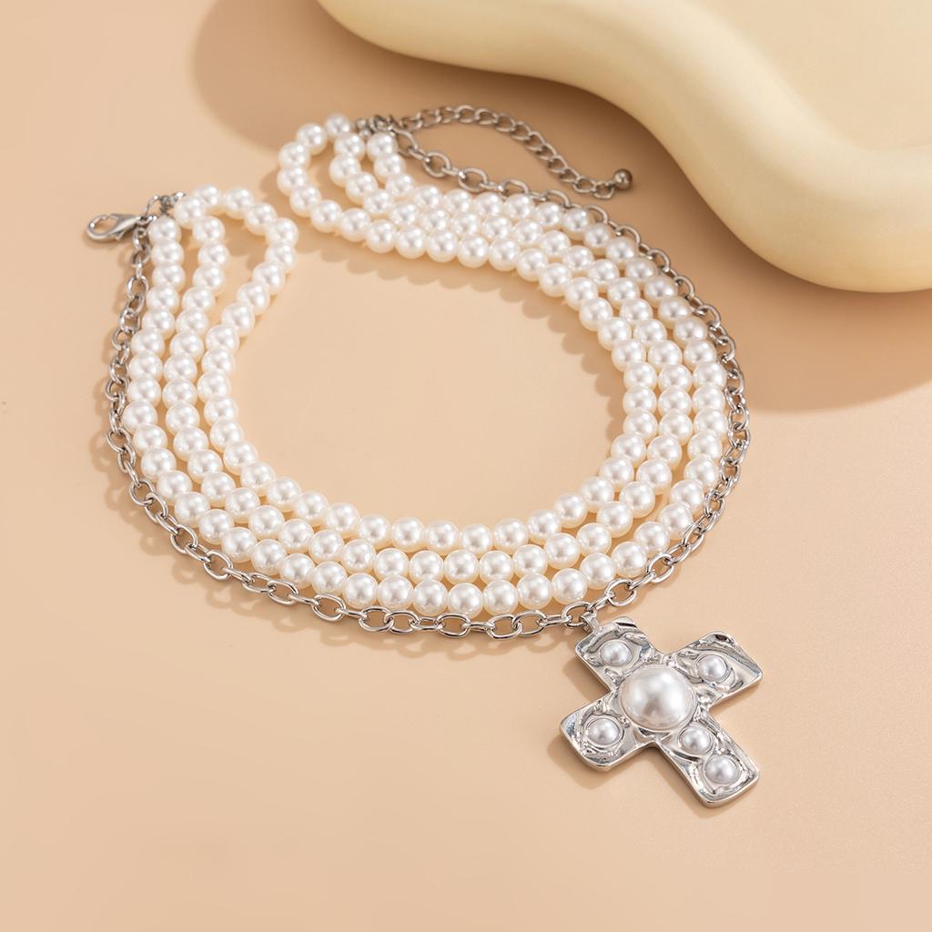Tooxika Breezy Cross Alloy Pendant Chain French Elegant Pearl Beaded Necklace