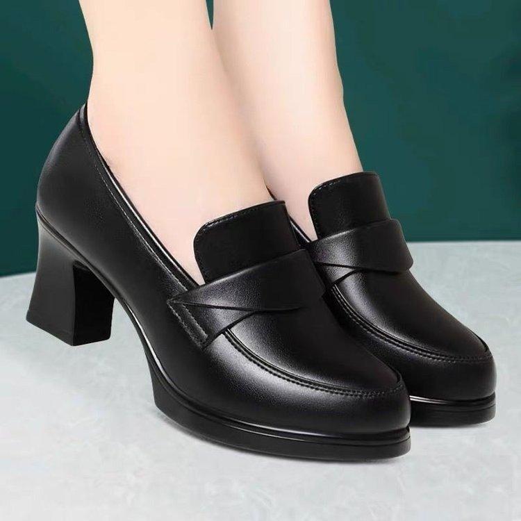 

Spring Soft Leather Single Shoes Thick-heeled Thick-soled All-match Professional Work Shoes Women s High-heeled Leather Shoes 40 чорний