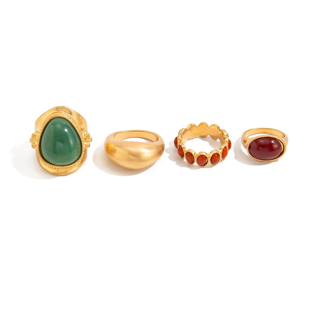 Fashion Light Luxury Gemstone Open Ring Set, Design Wind-Sensitive Metal Smooth Pleated Ring
