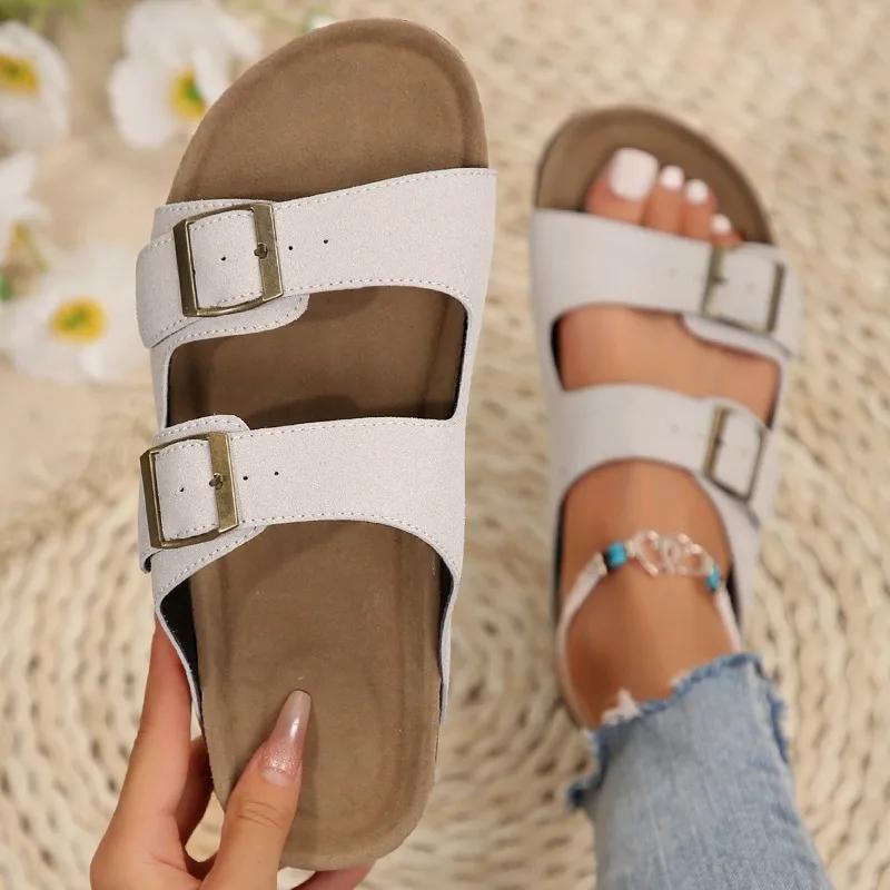 Fashion Ladies Shoes 2024 Hot Sale Slingbacks Women's Slippers Summer Open Toe Rome Buckle Solid Flat Casual Beach Large Size Slippers